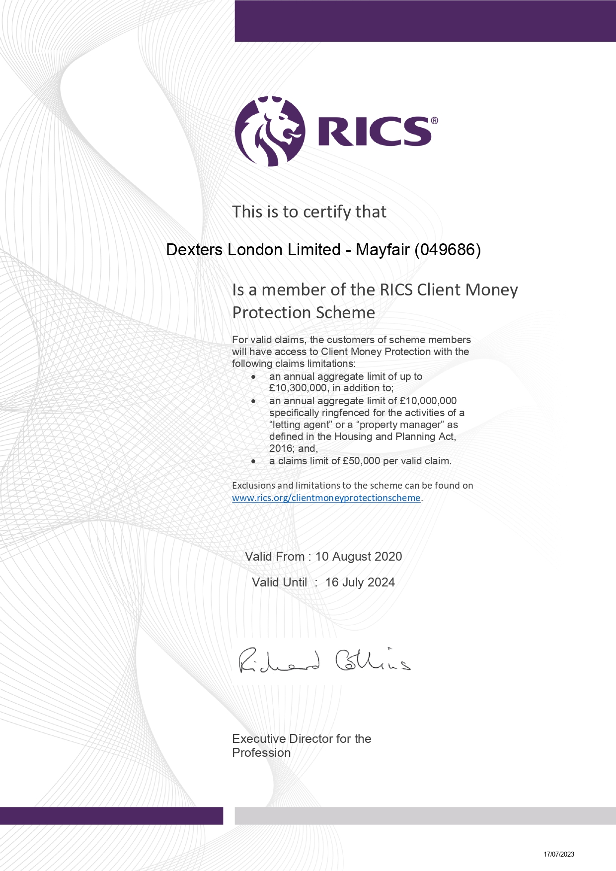 Dexters London Limited RICS Client Money Protection Certificate